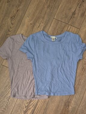 Bozzolo Pale Blue And Grey Ribbed Crewneck Crop Tees - NWOT